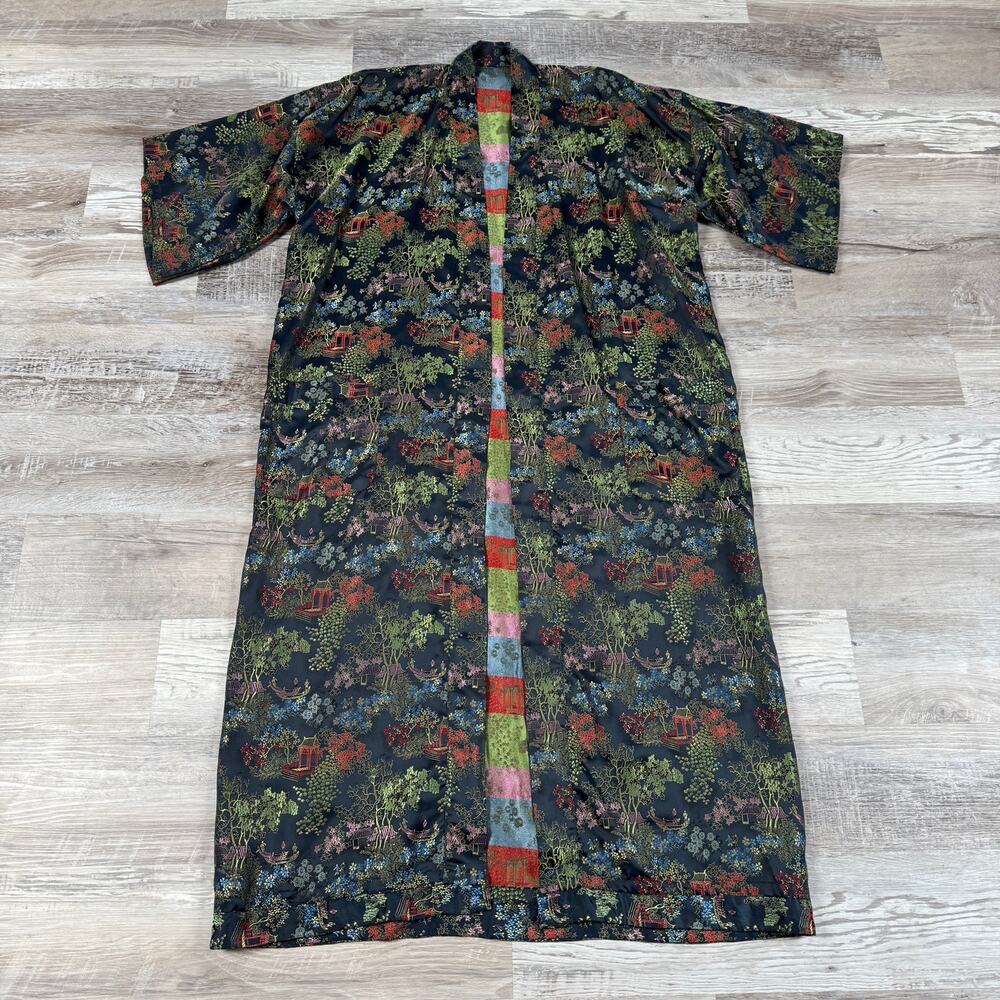 Vintage Rayon Brocade Kimono Robe Black 90s Art to Wear Asian Lounge Boho Duster